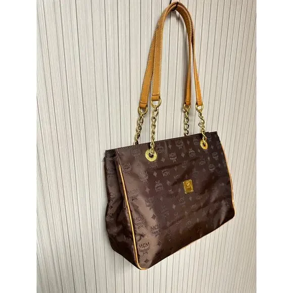 MCM Visetos Nylon Leather Logo Shoulder Tote Bag Brown Large Chain Straps - Picture 4 of 16